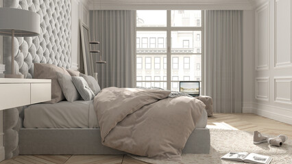 Classic bedroom in beige tones with modern furniture, parquet, velvet double bed, side tables, big window, mirror and pendant lamp, round carpet and decors. Interior design idea