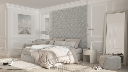 Fototapeta na wymiar Classic bedroom in beige tones with modern furniture, parquet, velvet double bed with pillows and duvet, side tables with pendant lamps, round carpet and decors. Interior design idea