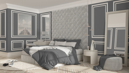 Classic bedroom in gray tones with modern furniture, parquet, velvet double bed with pillows and duvet, side tables with pendant lamps, round carpet and decors. Interior design idea