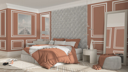 Classic bedroom in orange tones with modern furniture, parquet, velvet double bed with pillows and duvet, side tables with pendant lamps, round carpet and decors. Interior design idea