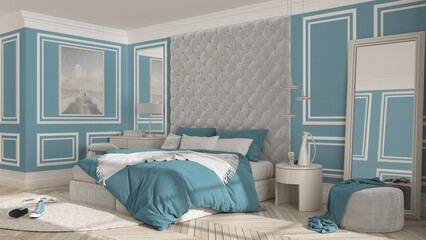 Classic bedroom in blue tones with modern furniture, parquet, velvet double bed with pillows and duvet, side tables with pendant lamps, round carpet and decors. Interior design idea