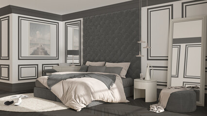 Classic bedroom in dark tones with modern furniture, parquet, velvet double bed with pillows and duvet, side tables with pendant lamps, round carpet and decors. Interior design idea