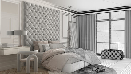Architect interior designer concept: hand-drawn draft unfinished project that becomes real, classic bedroom with modern furniture, parquet, bed, big window and carpet. Interior design