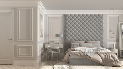 Classic bedroom hotel suite in beige tones with velvet double master bed, parquet, molded walls, side table with chair, round carpet and decors. Interior design idea, relax concept