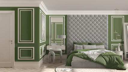 Classic bedroom hotel suite in green tones with velvet double master bed, parquet, molded walls, side table with chair, round carpet and decors. Interior design idea, relax concept