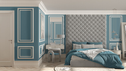 Classic bedroom hotel suite in blue tones with velvet double master bed, parquet, molded walls, side table with chair, round carpet and decors. Interior design idea, relax concept