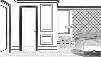 Blueprint project draft, classic hotel suite, bedroom with double master bed, parquet, doors, side table with chair, round carpet and decors. Interior design idea, relax concept