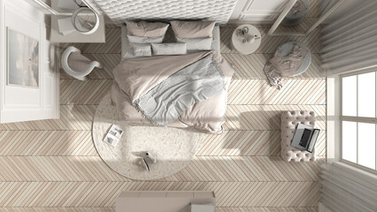 Fototapeta na wymiar Classic bedroom in beige tones with modern furniture, parquet, velvet double bed, side tables, chair and pouf, mirror and carpet. Top view, plan, above. Interior design idea