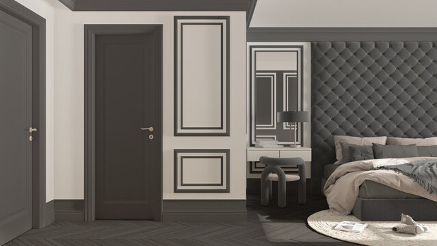 Classic bedroom hotel suite in dark tones with velvet double master bed, parquet, gray doors, side table with chair, round carpet and decors. Interior design idea, relax concept