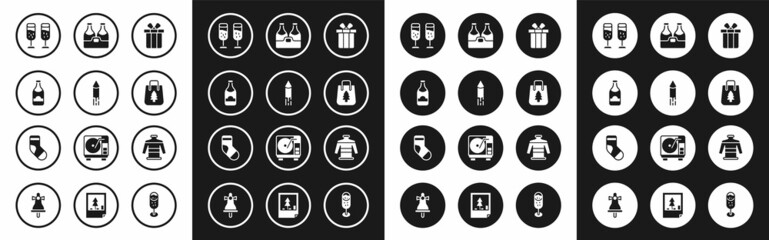 Fototapeta premium Set Gift box, Firework rocket, Champagne bottle, Glass of champagne, Christmas shopping bag, sweater and stocking icon. Vector