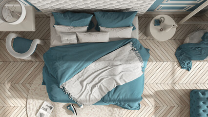 Classic bedroom hotel suite in blue tones with velvet double master bed, parquet, molded walls, side table with chair.Top view, plan, above. Interior design idea, relax concept