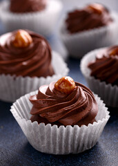 Meringue, pavlova chocolate cupcakes with cream and nuts