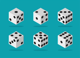Isometric white dice for casino, craps and poker. Vector gambling games design. Cubes with different black dots.