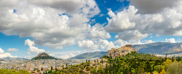 Beautiful Panorama of Athens with Acropolis hill topped by the Parthenon, Athens, Greece, Europe. Picturesque view of the remains of the ancient city of Athens.