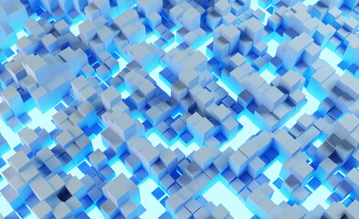 White cubes and blue neon lights at the background. 3D rendering illustration, abstract background business, science, technology concept.