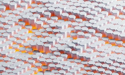 White hexagons and orange neon lights at the background. 3D rendering illustration, abstract background business, science, technology concept.
