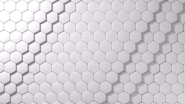 White hexagons wall, line wave move. 3D rendering animation with space for text