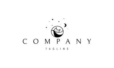 Vector logo on which an abstract image of a cat sleeping under a blanket against the background of the moon and stars.