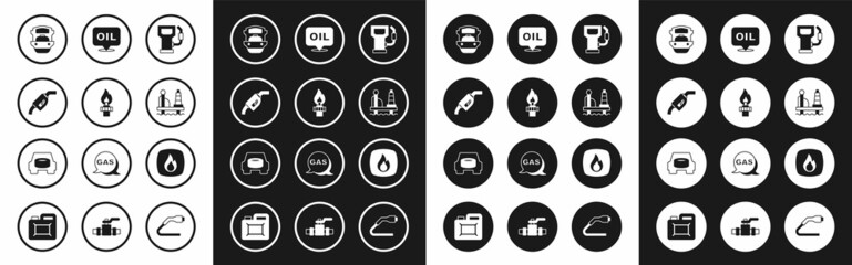 Fototapeta premium Set Petrol or gas station, Oil rig with fire, Gasoline pump nozzle, tanker ship, platform the sea, Word oil, Fire flame and Spare wheel car icon. Vector