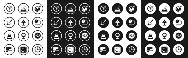 Set Financial growth, Percent up arrow, Arrow, Digital speed meter, Mountains with flag, Project team base and Pyramid chart infographics icon. Vector