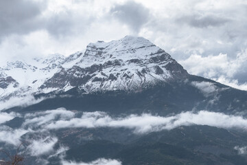 View of the Strogoula mountain peak covered in snow at Tzoumerka Greece