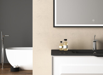 Close up of black sink with a square mirror standing in on beige wall , white cabinet with chrome faucet in minimalist bathroom. Side view. 3d rendering