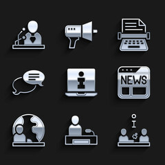 Set Information, Television report, Interview, News, World news, Speech bubble chat, Retro typewriter and Breaking icon. Vector