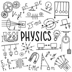 Phisics symbols icon set. Science subject doodle design. Education and study concept. Back to school sketchy background for notebook, not pad, sketchbook. Hand drawn illustration. - 485393374