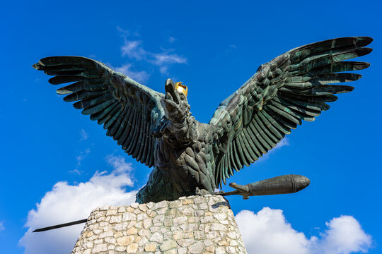 turul madar bird in Tatabanya Hungary with tourist people