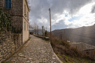 Ancient stone path on the mountain leading to the traditional village of Kalarites in Tzoumerka,...