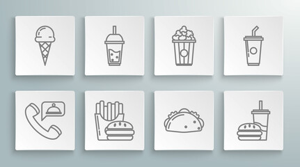 Set line Food ordering, Burger and french fries carton package box, Taco tortilla, Paper glass burger, Popcorn cardboard, water and Ice cream waffle cone icon. Vector