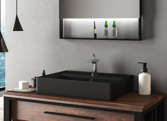 Black bathroom sink standing on a wooden bathroom furniture. A square mirror hanging on a grey wall. A close up. Side view. 3d rendering