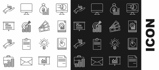 Set line Document, User manual, with graph chart, Money bag and diagram, Target coin symbol, Board resume, hand and Stacks paper money cash icon. Vector