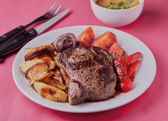 Rump steak and chips with steak sauce.