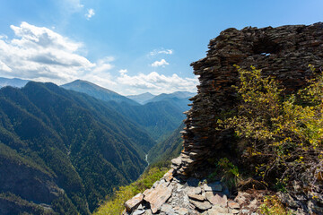 uins of an old stone fortress. Old Diklo, Tusheti, Georgia