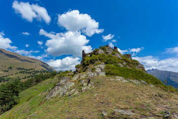 uins of an old stone fortress. Old Diklo, Tusheti, Georgia