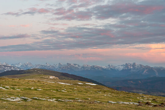 Autumn sunset in Abodi, Pyrenees of Navarra and Huesca on the horizon