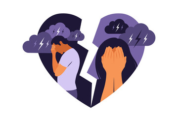 Concept of divorce, misunderstanding in family. Disagreement, relationship troubles. Man and woman in a quarrel. Conflicts between husband and wife. Vector. Flat
