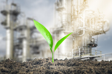 A green sprout grows out of the ground against the background of an oil and gas processing plant.