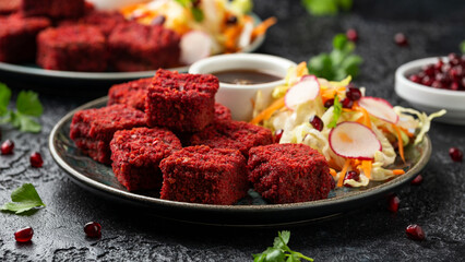 Beetroot and hazelnut bites with pomegranate glaze, vegetarian, vegan party finger food