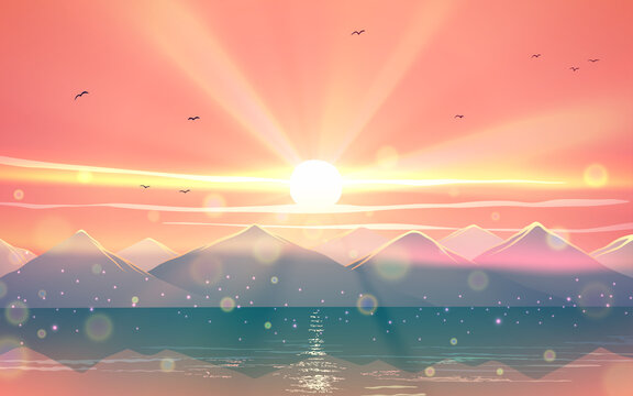 Asian landscape with sunset rays drawing, mountains and blue green lake or sea water with sunlight, water reflections in vector. Outdoor nature illustration.
