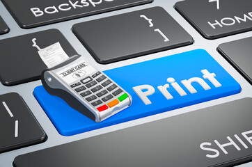 Print blue key. POS terminal on keyboard. 3D rendering