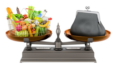 Shopping basket full of products and coin purse on the scale. Balance concept, 3D rendering