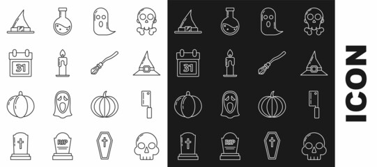 Set line Skull, Meat chopper, Witch hat, Ghost, Burning candle, Calendar with Halloween date 31 october, and Witches broom icon. Vector