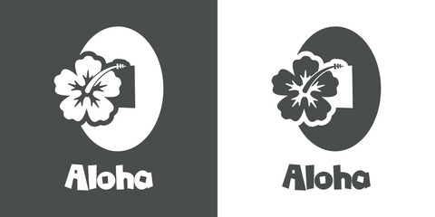 Logotipo texto Aloha con número 0 en tipografía tiki con silueta de flor de hibisco en fondo gris y fondo blanco © teracreonte