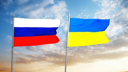Ukraine and Russia two flags on flagpoles and blue sky, 3d rendering.
