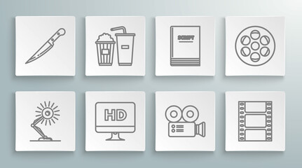 Set line Table lamp, Popcorn and soda drink glass, Computer PC monitor with HD video technology, Cinema camera, Play Video, Scenario, Film reel and Knife icon. Vector