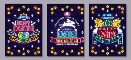Happy Easter neon sign. Vector illustration. Neon design for Easter celebration emblem. Night neon signboard Typography design with rabbit and hand eggs. Modern minimal style.