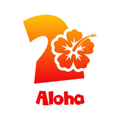 Logotipo texto Aloha con número 2 en tipografía tiki con silueta de flor de hibisco en color naranja