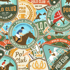 Polo sport club patches seamless pattern. Vector. Color equestrian background with rider and horse silhouettes. For polo, horseriding pattern background or wallpaper